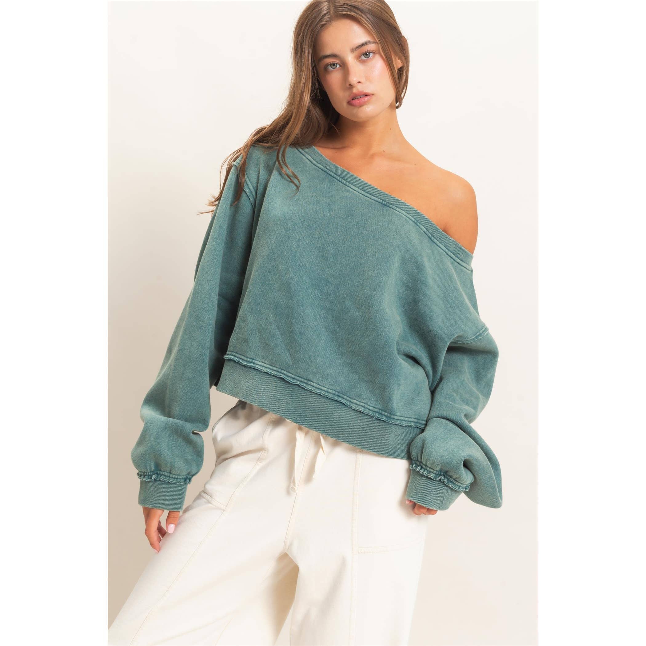 Raw Edge Acid Wash Off The Shoulder Sweatshirt