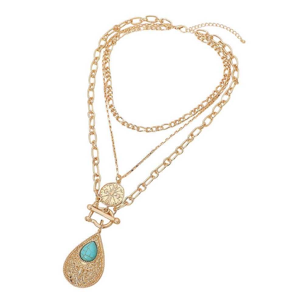 Turquoise Stone Accent Textured Metal Teardrop Toggle Pendant Coin Charm Necklace