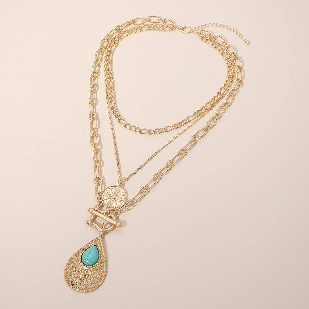 Turquoise Stone Accent Textured Metal Teardrop Toggle Pendant Coin Charm Necklace