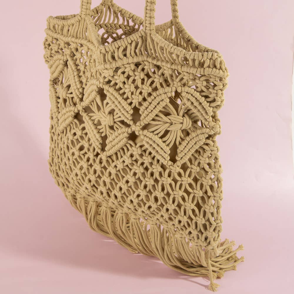 Macrame Fringe Handbag With Wood Bead Handle