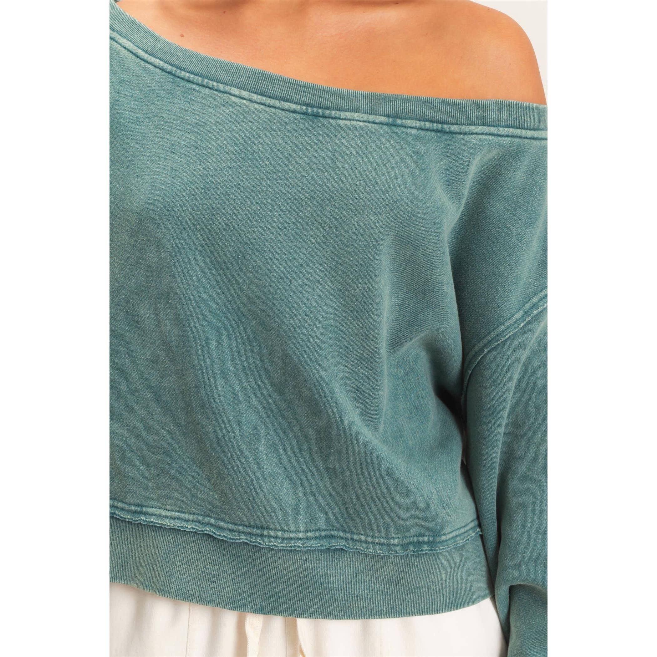 Raw Edge Acid Wash Off The Shoulder Sweatshirt