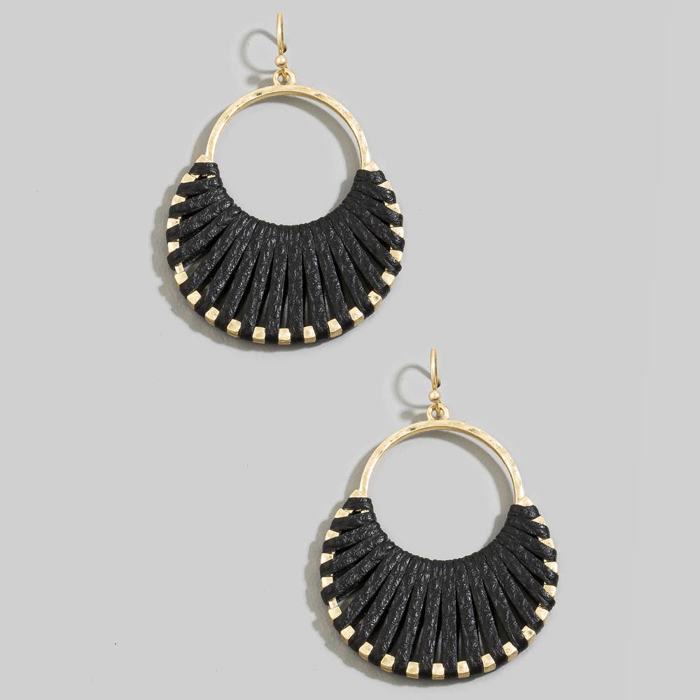 Vegan Leather Woven Fan Hoop Dangle Earrings