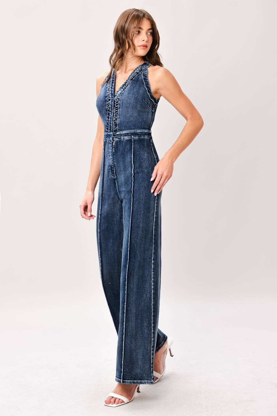 A washed denim jumpsuit
