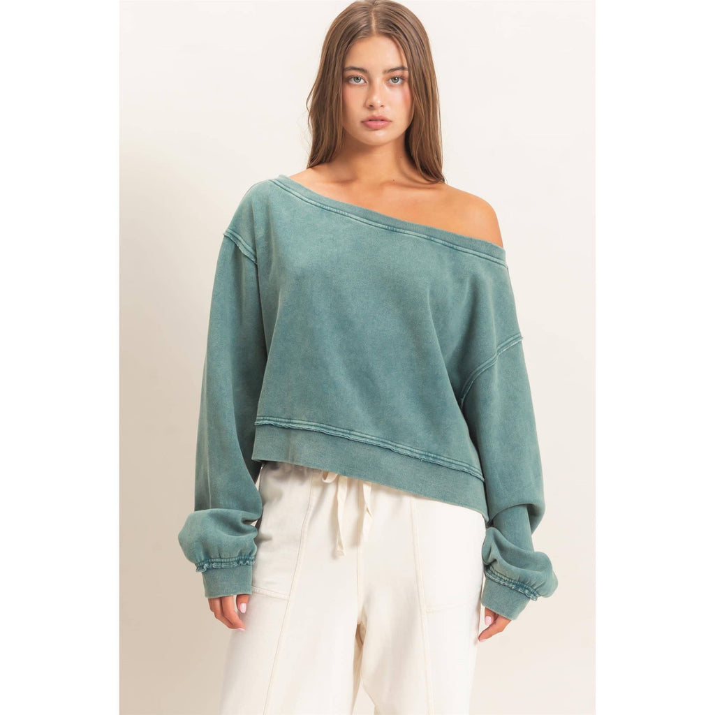 Raw Edge Acid Wash Off The Shoulder Sweatshirt