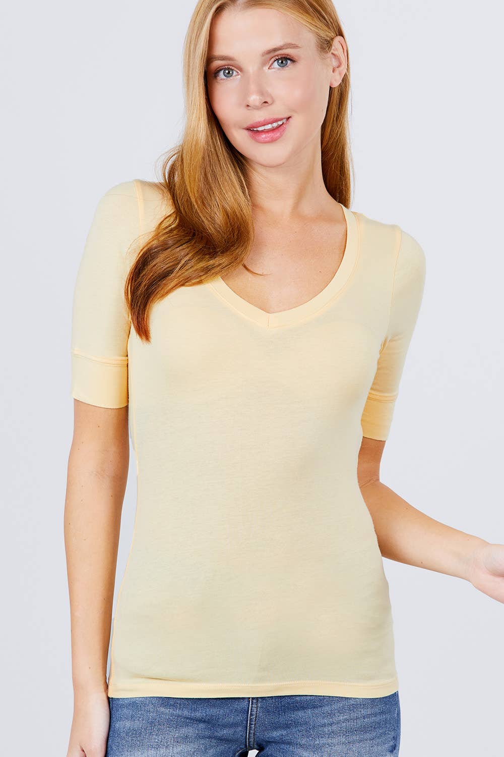 Elbow Sleeve V-neck Cotton Spandex Top