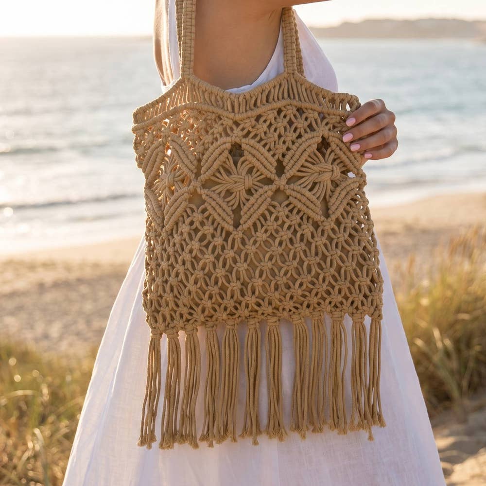 Macrame Fringe Handbag With Wood Bead Handle