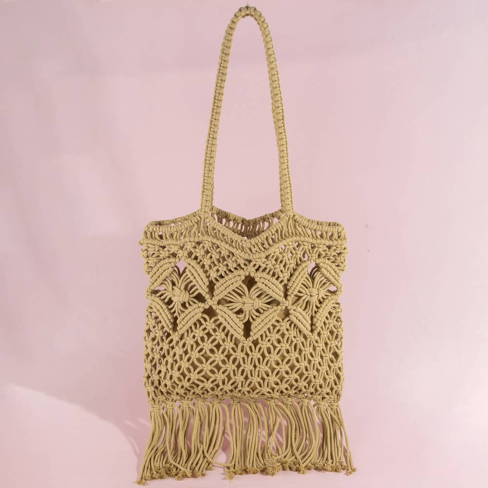 Macrame Fringe Handbag With Wood Bead Handle