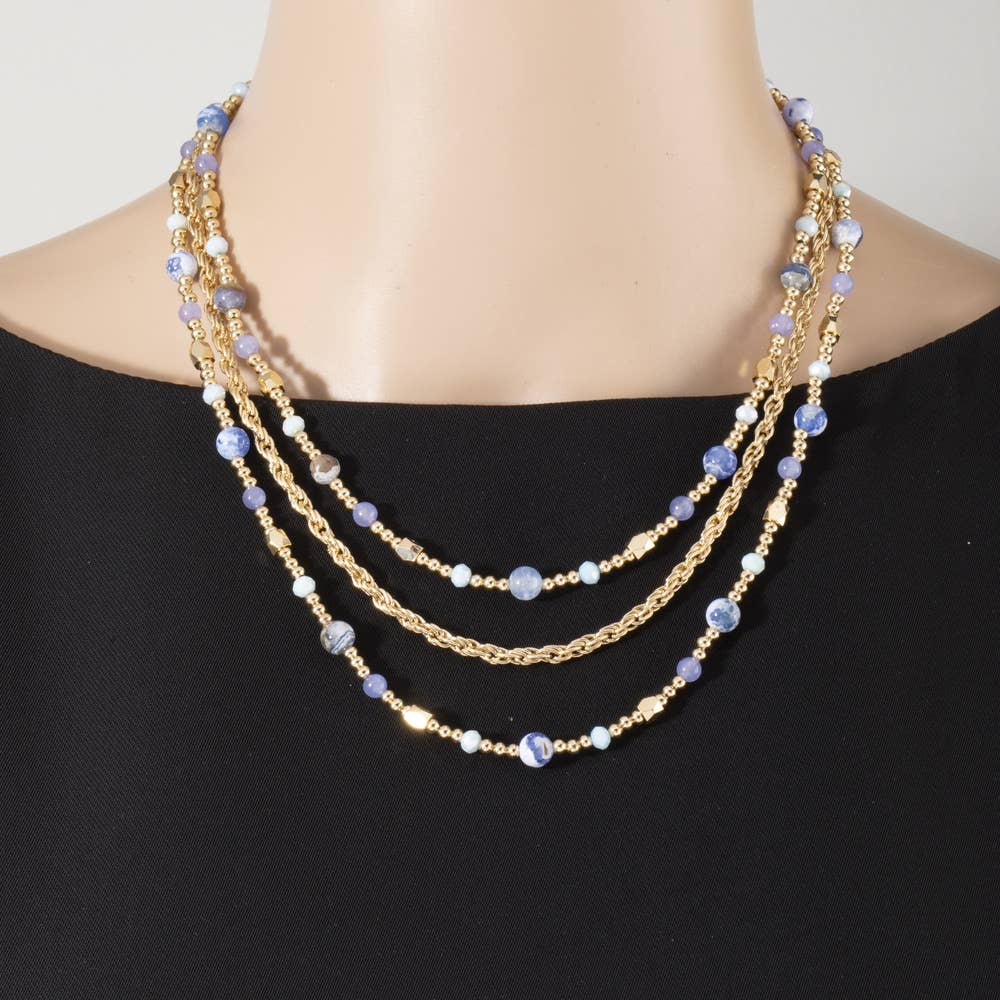 Triple Strand Semi Precious Stone Rope Chain Necklace