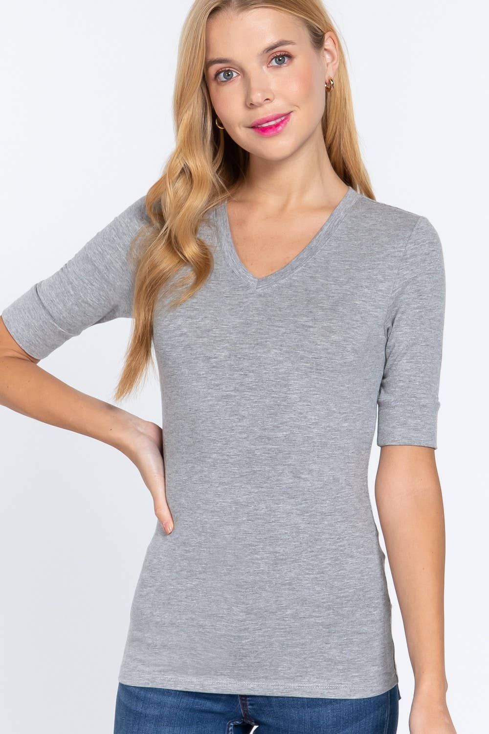 Elbow Sleeve V-neck Cotton Spandex Top