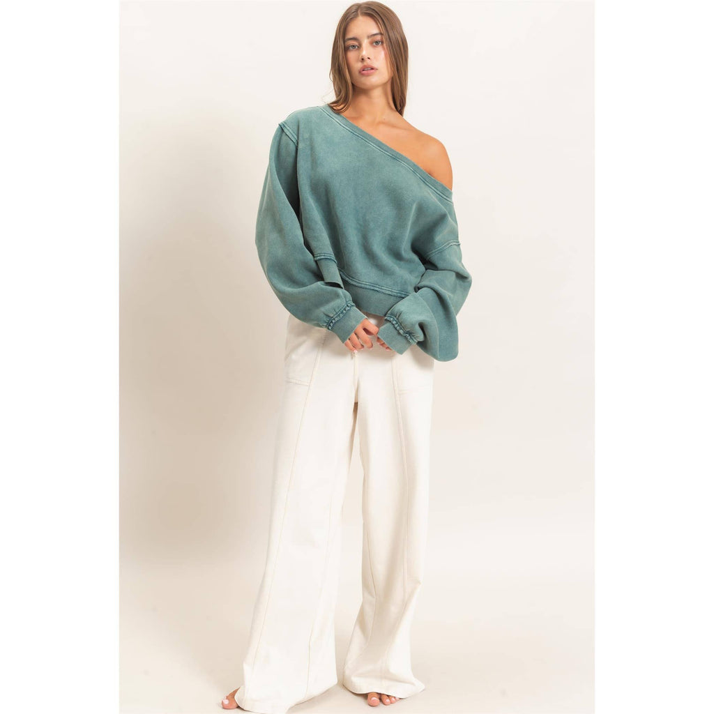 Raw Edge Acid Wash Off The Shoulder Sweatshirt
