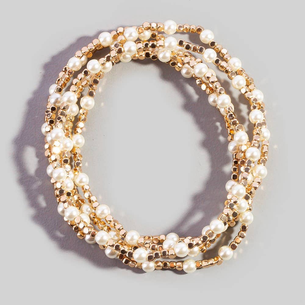 Pearl Gold Cube Bead Stretch Bracelet Set