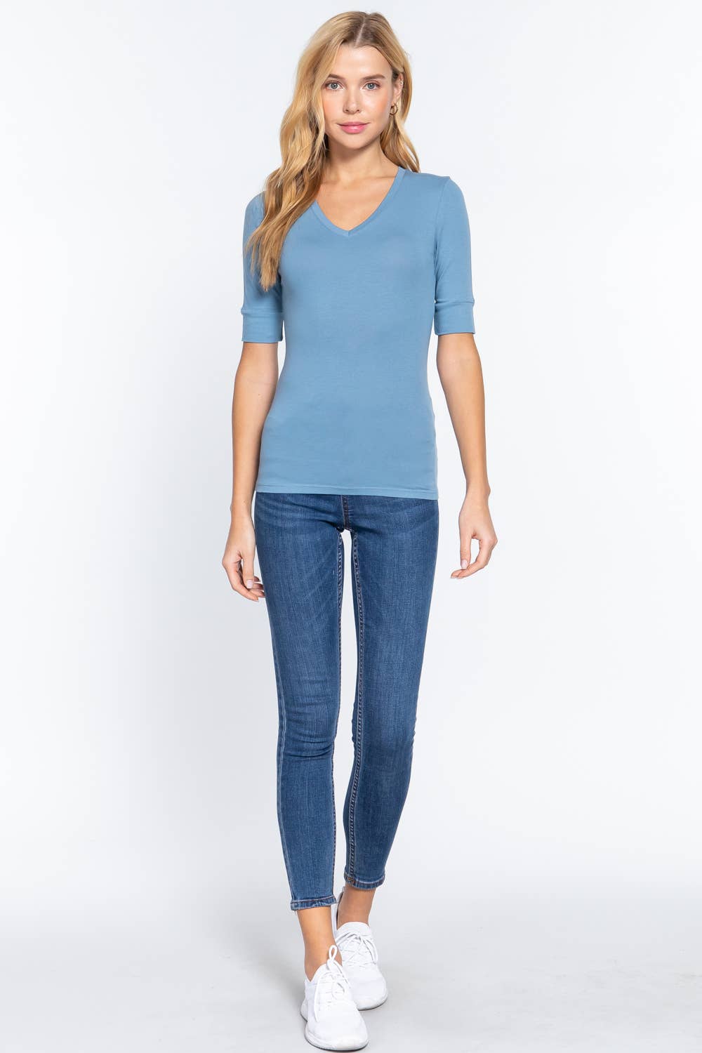 Elbow Sleeve V-neck Cotton Spandex Top
