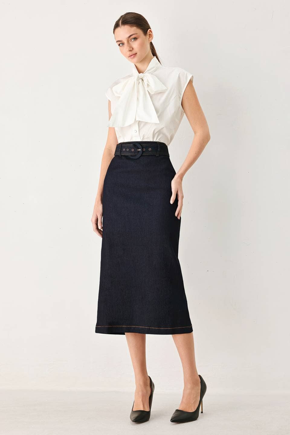 A denim mini pencil skirt