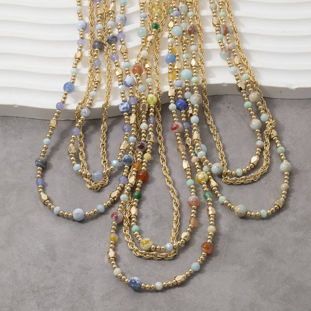 Triple Strand Semi Precious Stone Rope Chain Necklace