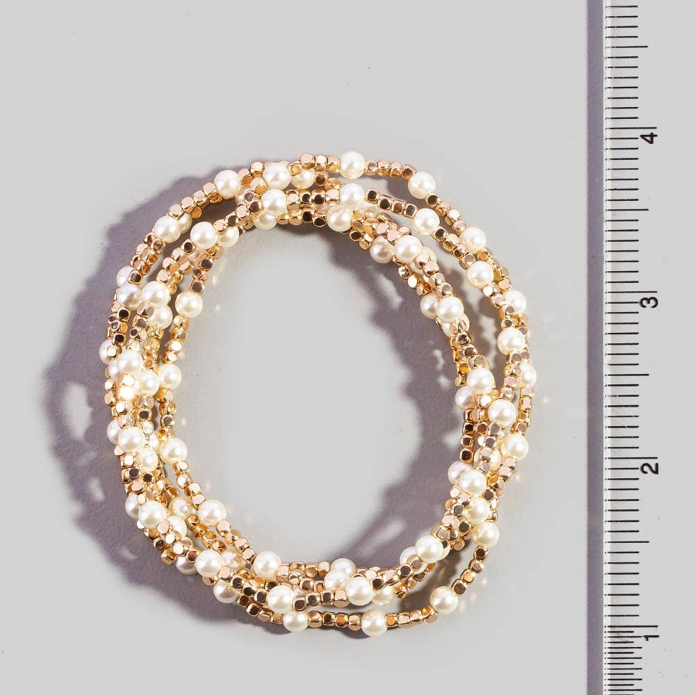 Pearl Gold Cube Bead Stretch Bracelet Set