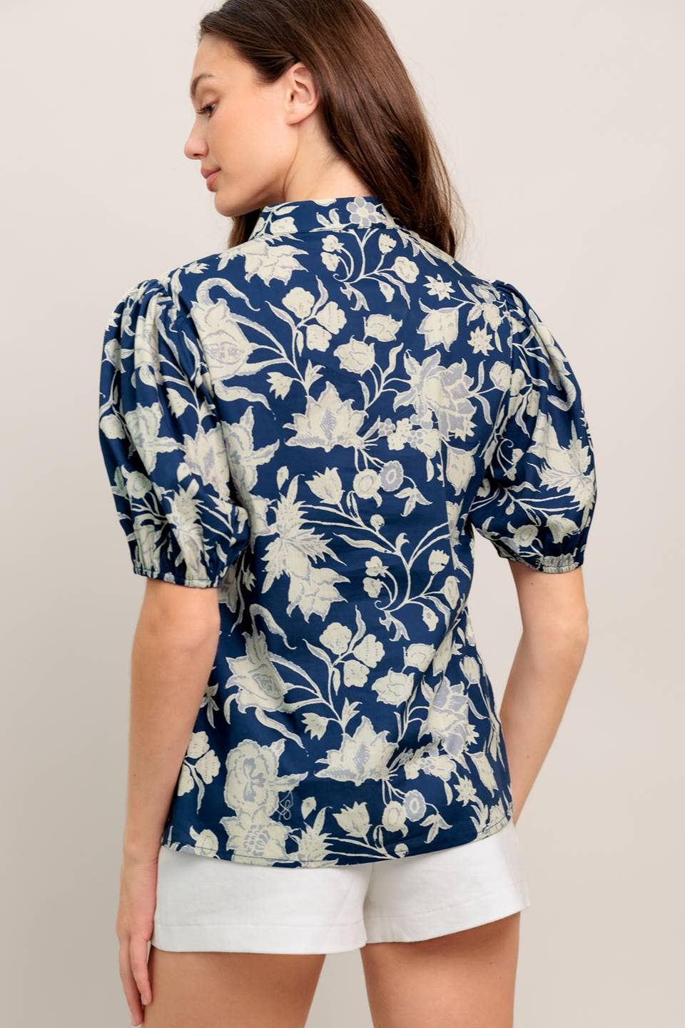 A printed blue & white woven top