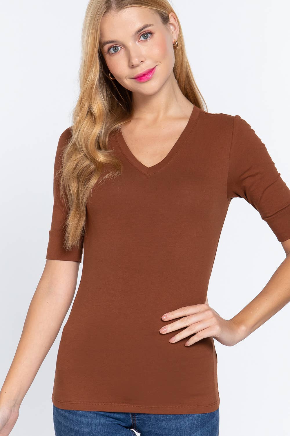 Elbow Sleeve V-neck Cotton Spandex Top