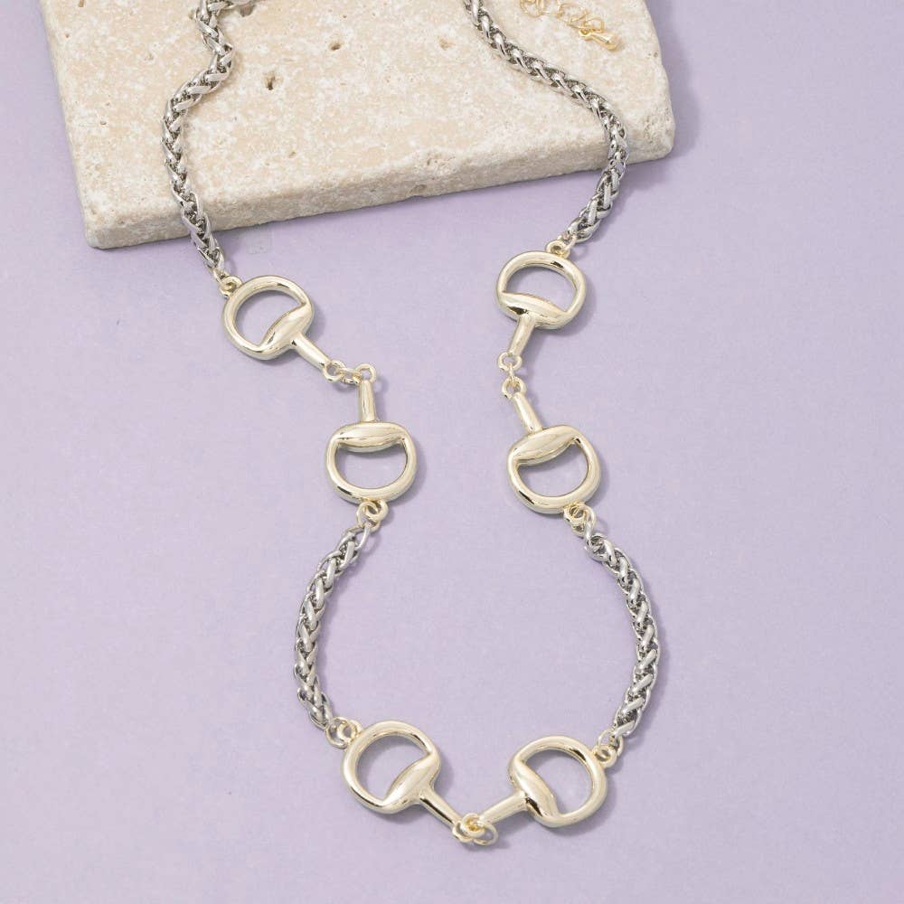 Two-Tone Equestrian Horse Bit Station Wheat Chain Necklace