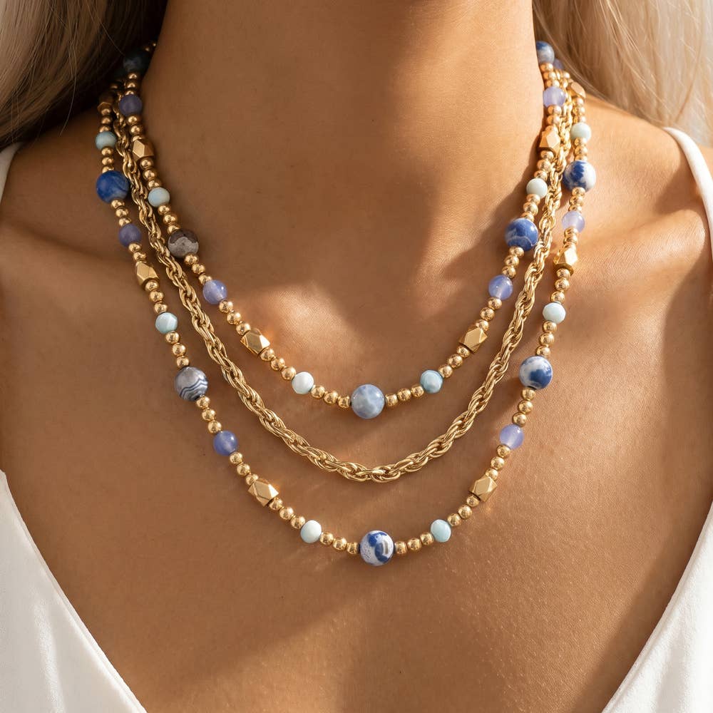 Triple Strand Semi Precious Stone Rope Chain Necklace