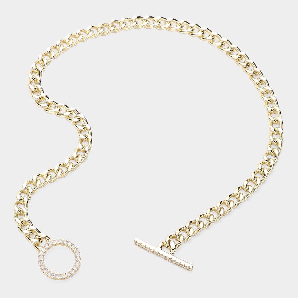 14K Gold Plated CZ Stone Paved Toggle Necklace