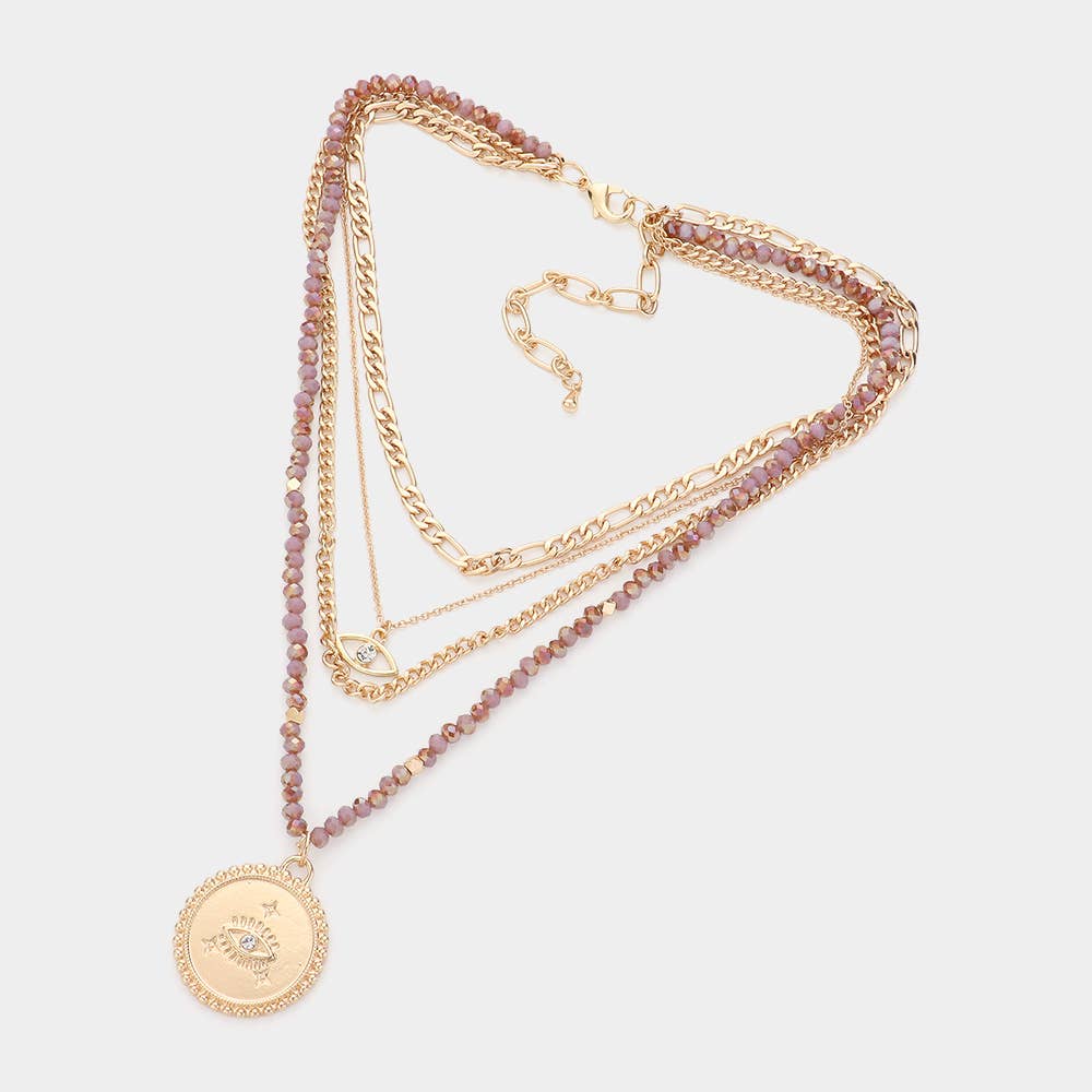 Stone Embellished Evil Eye Pendant Multi Layered Bib Necklace