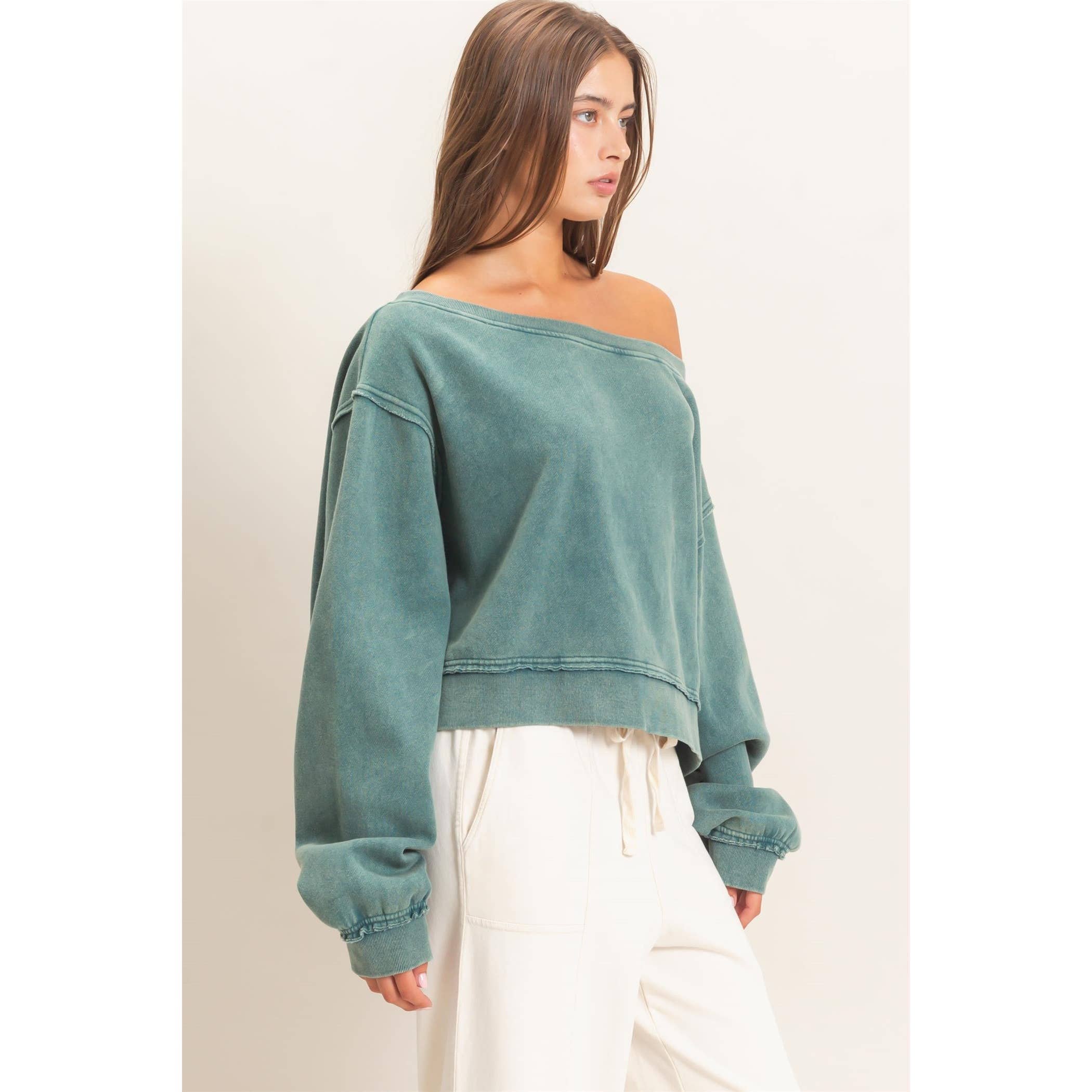 Raw Edge Acid Wash Off The Shoulder Sweatshirt