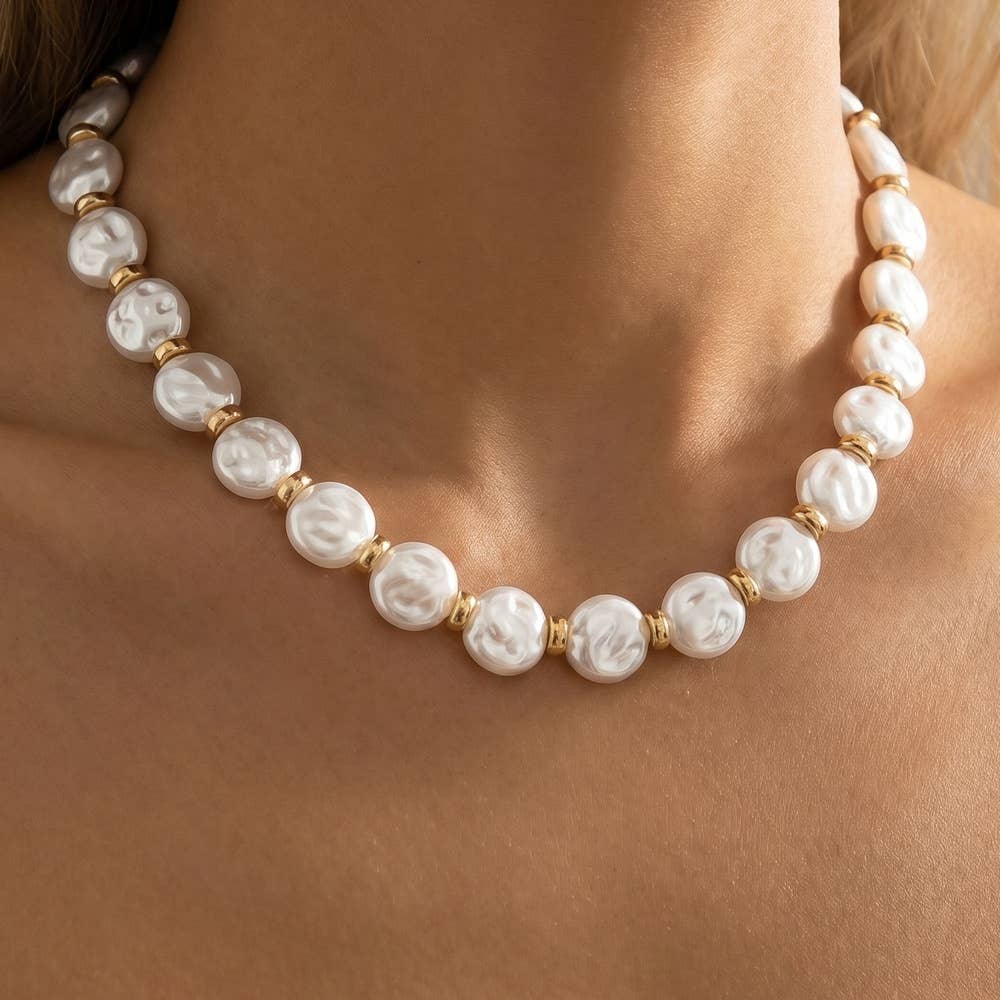 Coin Pearl Beaded Station Necklace
