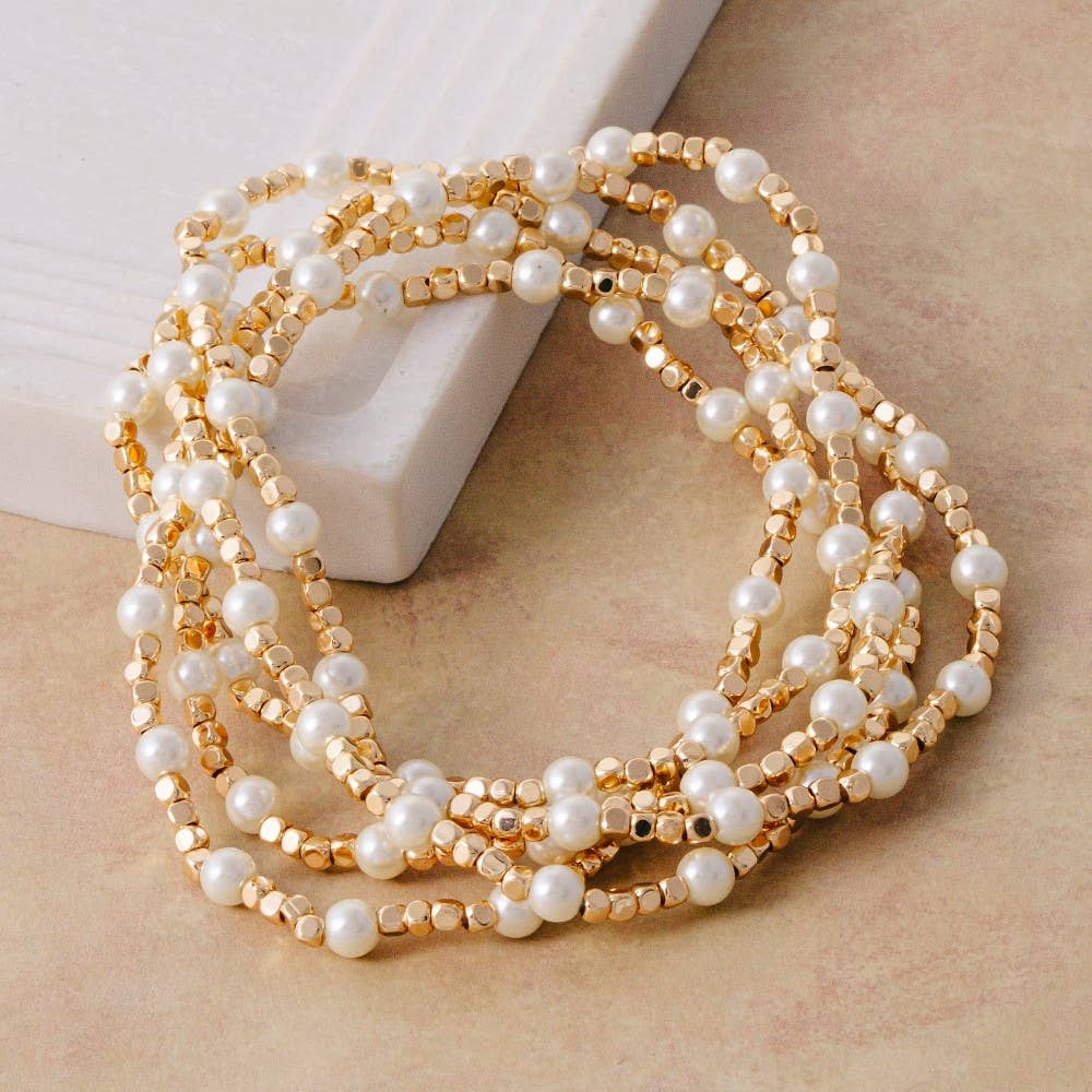 Pearl Gold Cube Bead Stretch Bracelet Set