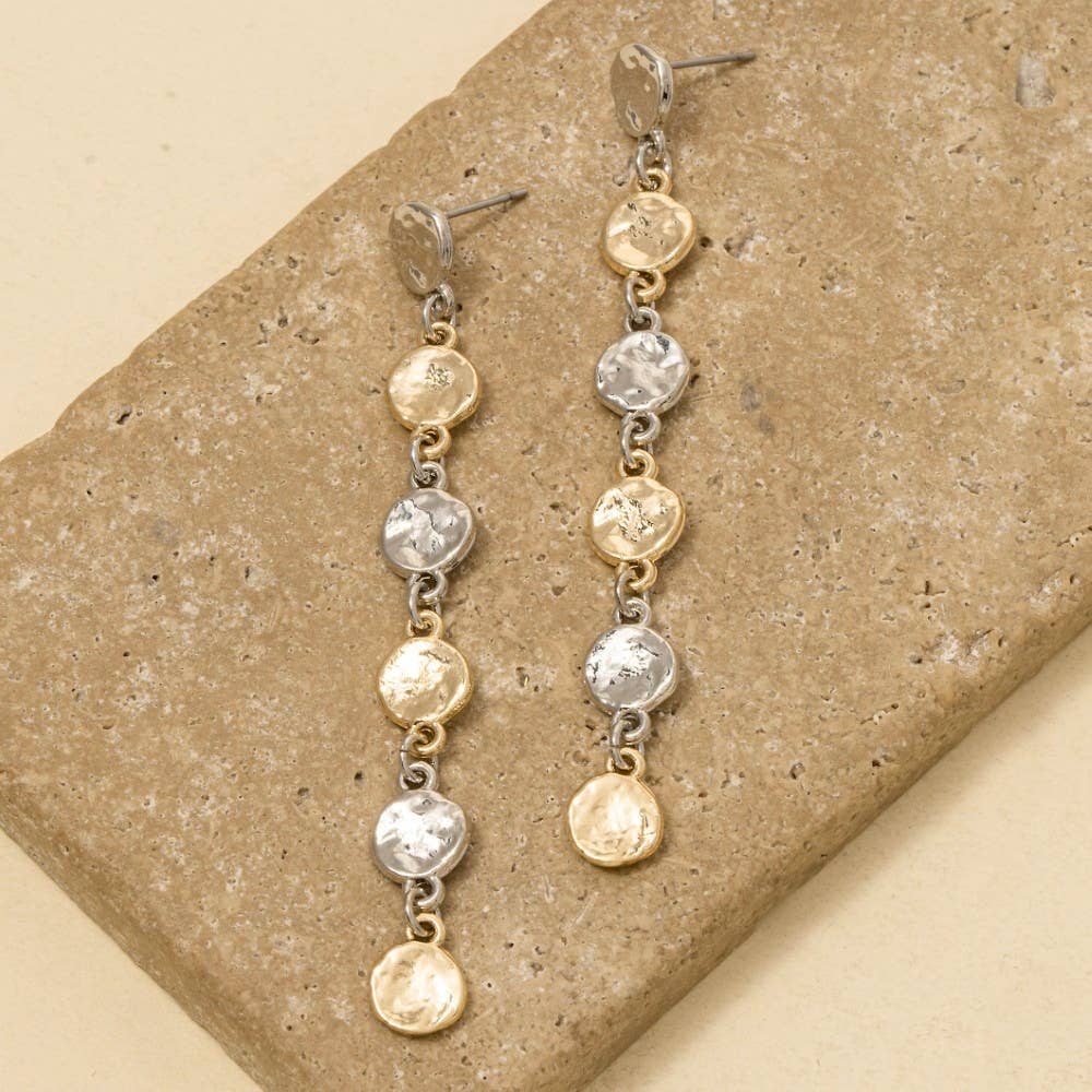 Two Tone Hammered Discs Chain Dangle Earrings
