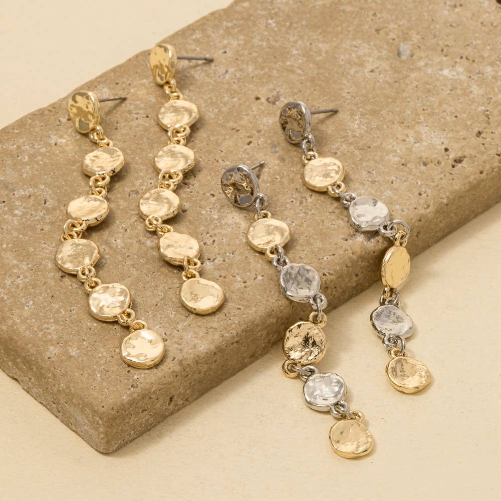 Two Tone Hammered Discs Chain Dangle Earrings