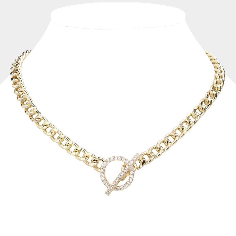 14K Gold Plated CZ Stone Paved Toggle Necklace