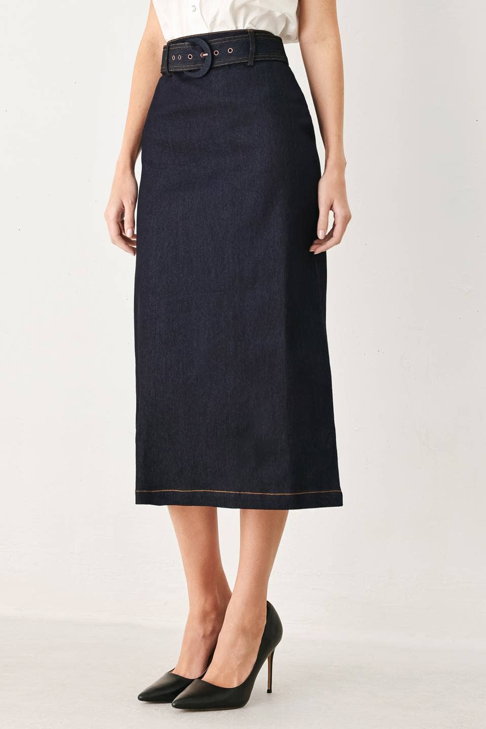 A denim mini pencil skirt