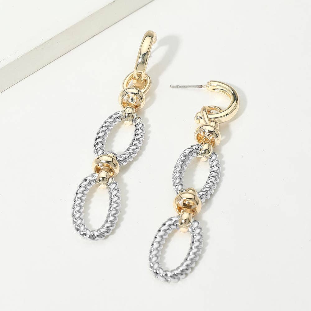 14K Gold Plated Two Tone Twisted Oval Link Drop Earrings