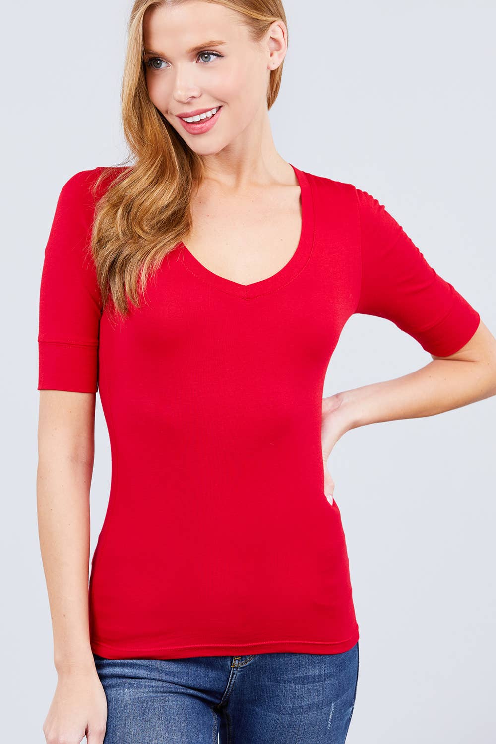 Elbow Sleeve V-neck Cotton Spandex Top