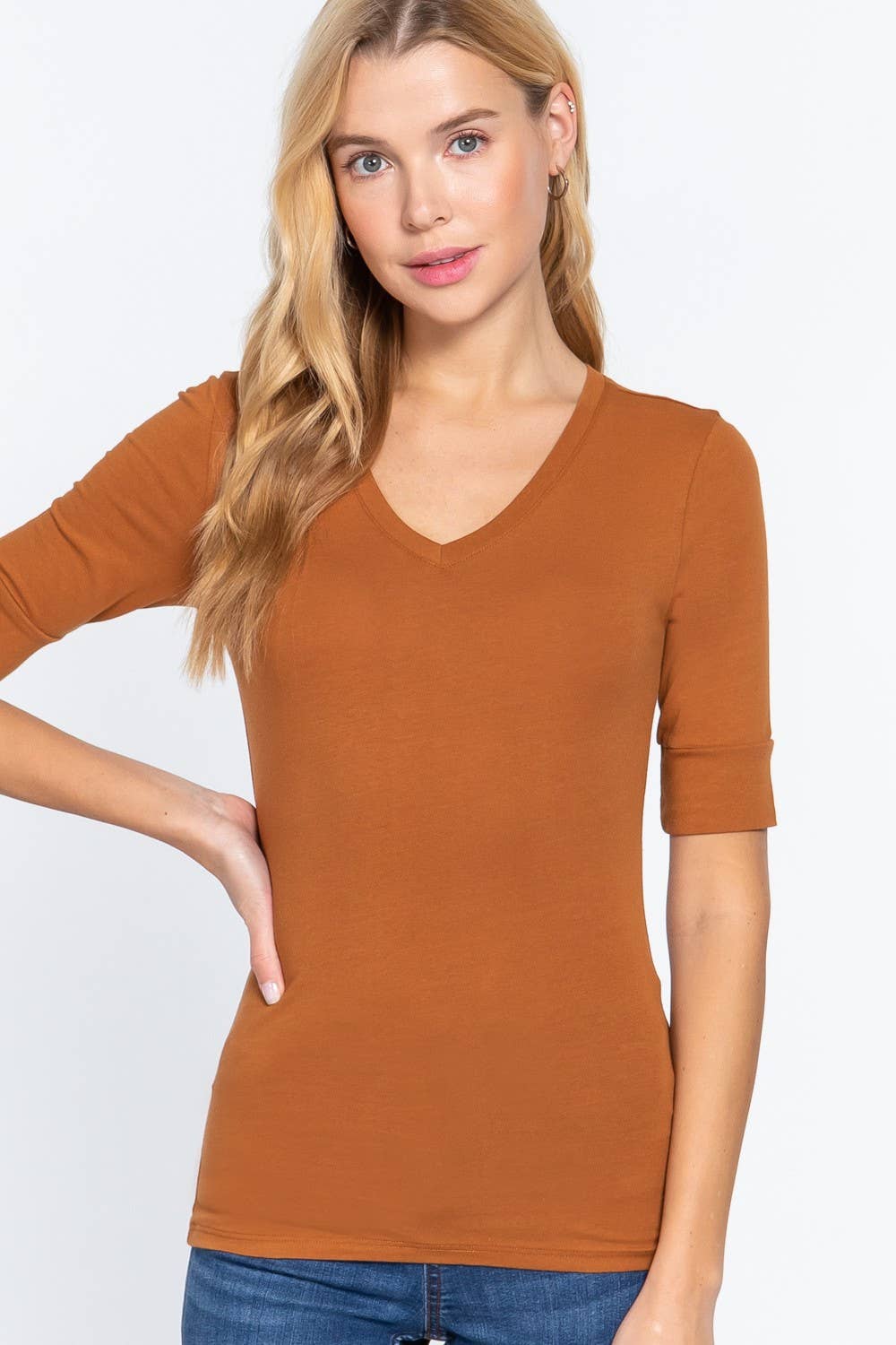 Elbow Sleeve V-neck Cotton Spandex Top