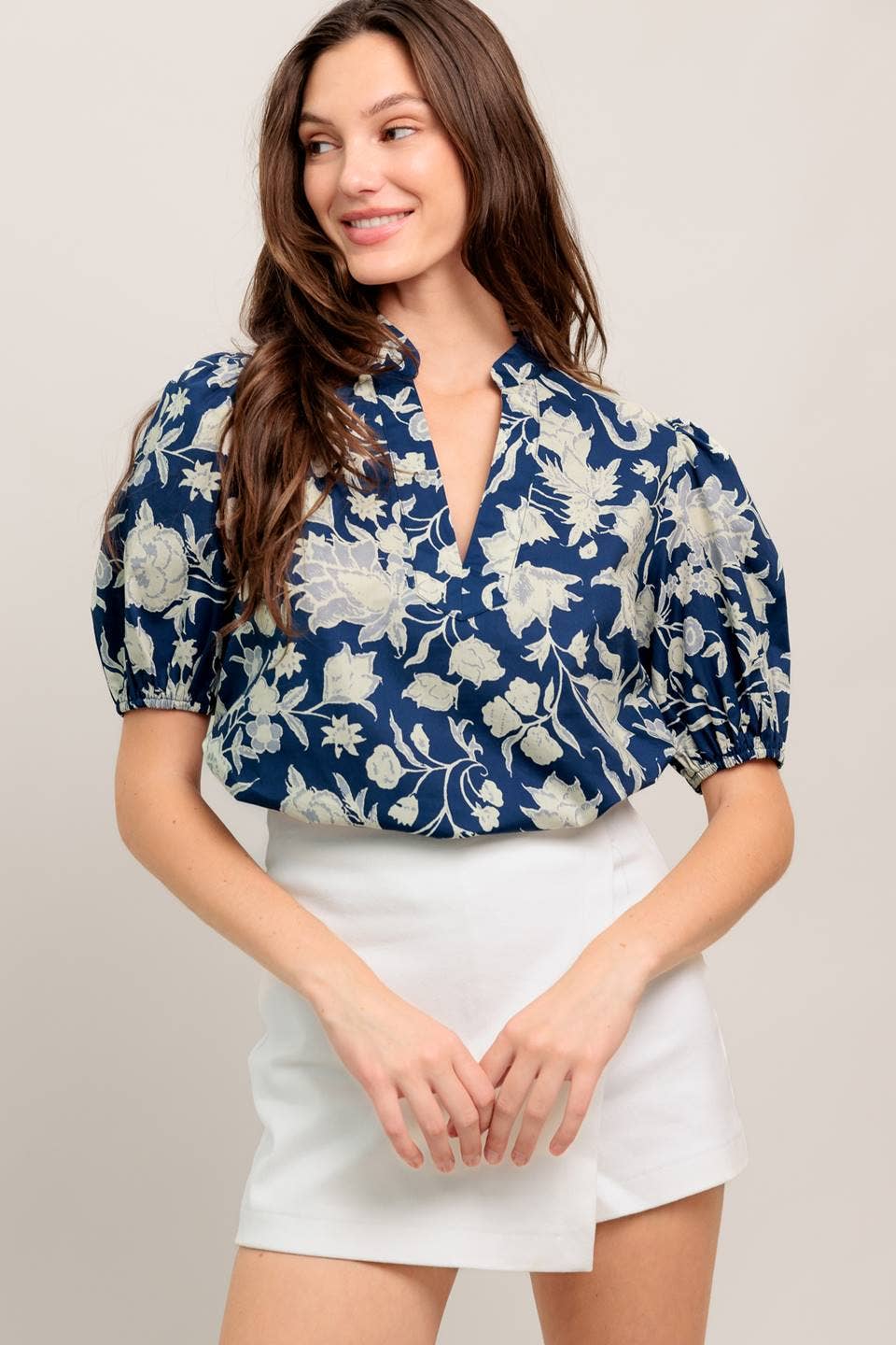 A printed blue & white woven top