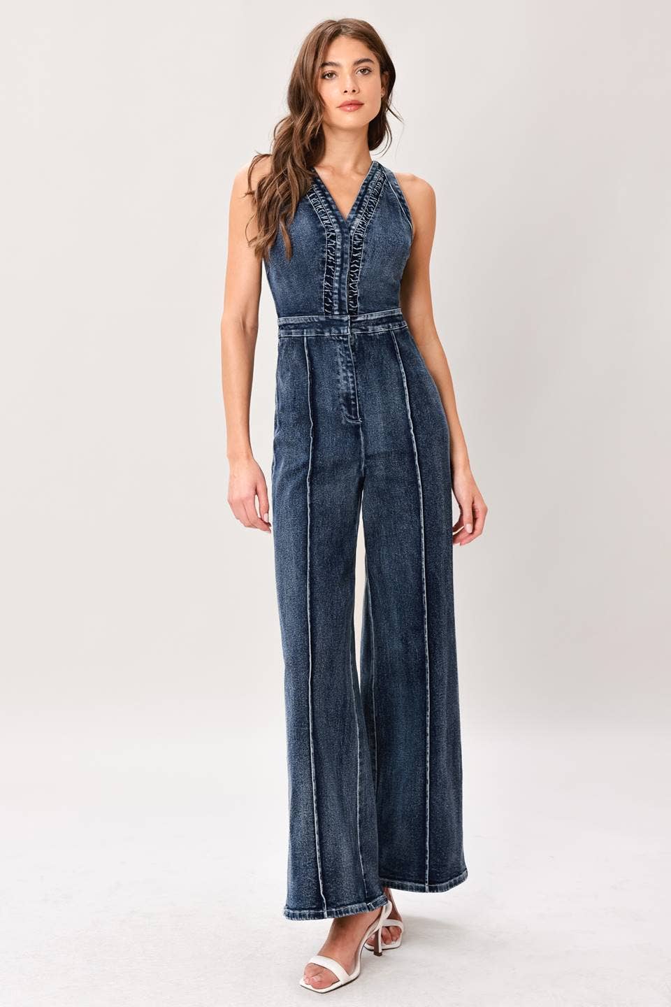 A washed denim jumpsuit