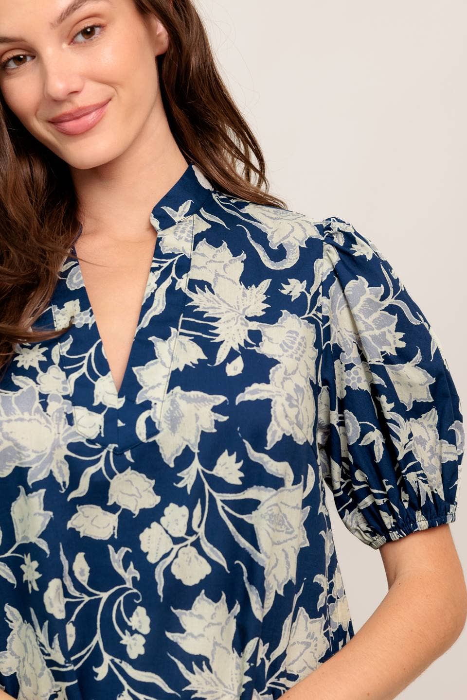 A printed blue & white woven top