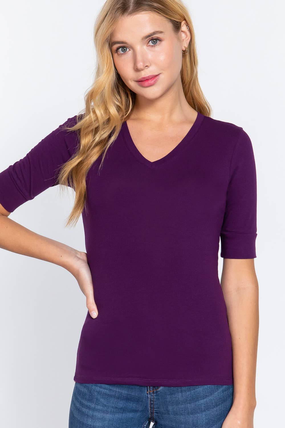 Elbow Sleeve V-neck Cotton Spandex Top