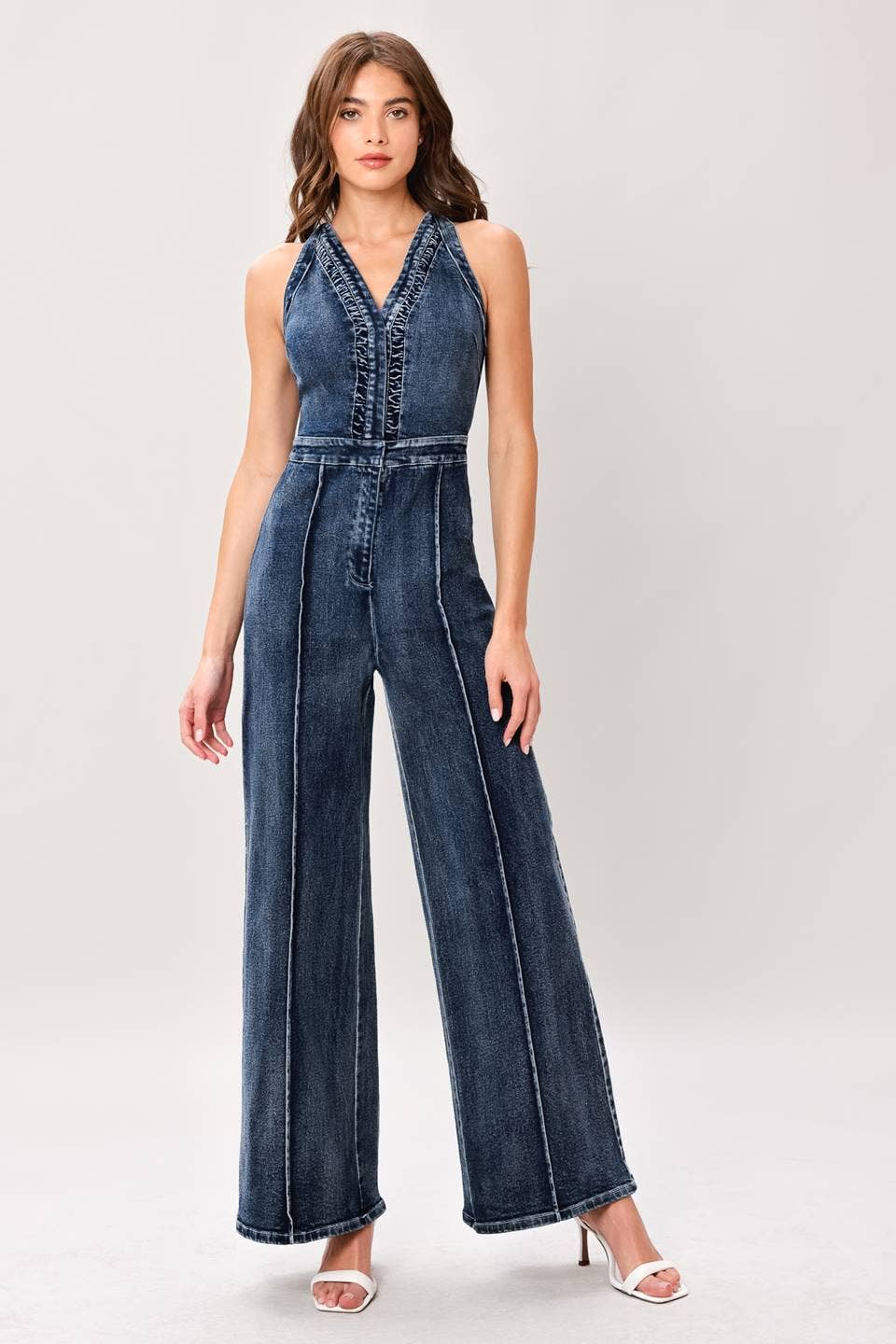 A washed denim jumpsuit