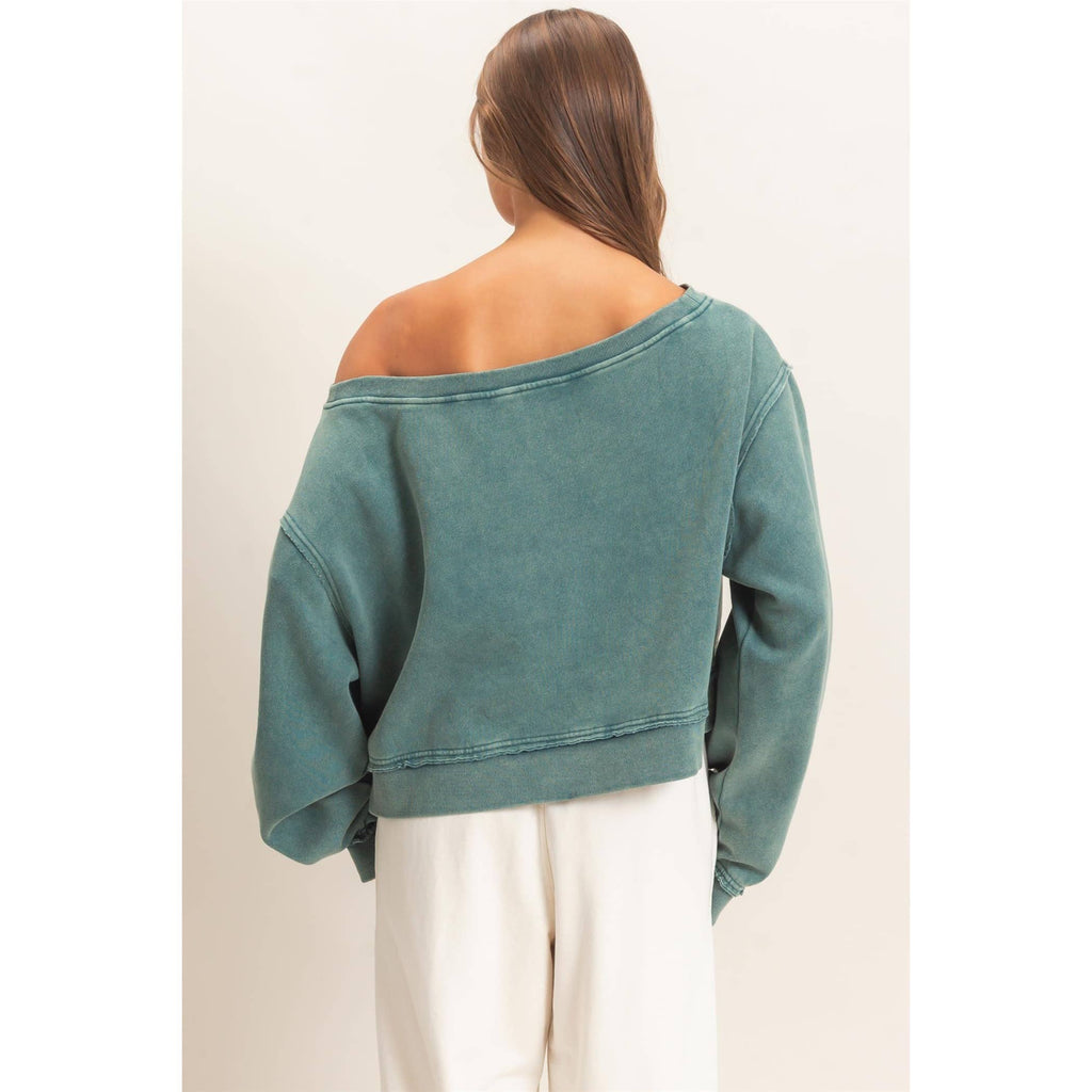 Raw Edge Acid Wash Off The Shoulder Sweatshirt