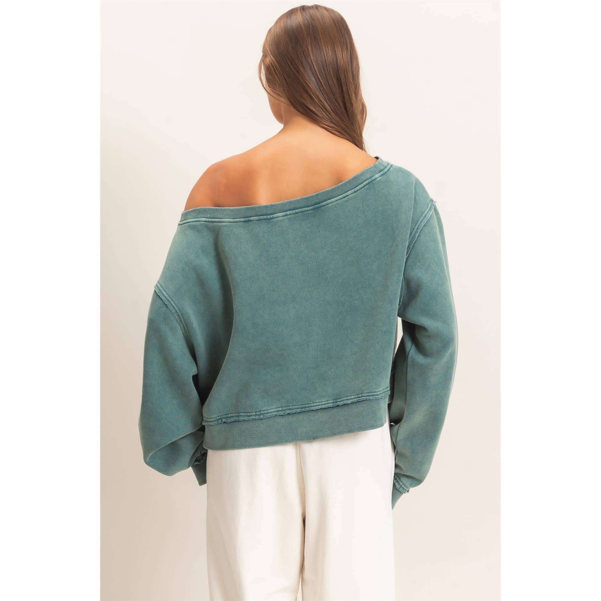 Raw Edge Acid Wash Off The Shoulder Sweatshirt