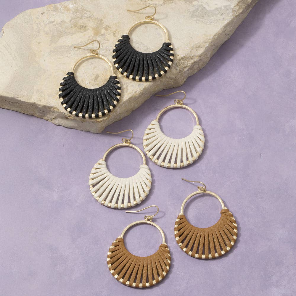 Vegan Leather Woven Fan Hoop Dangle Earrings