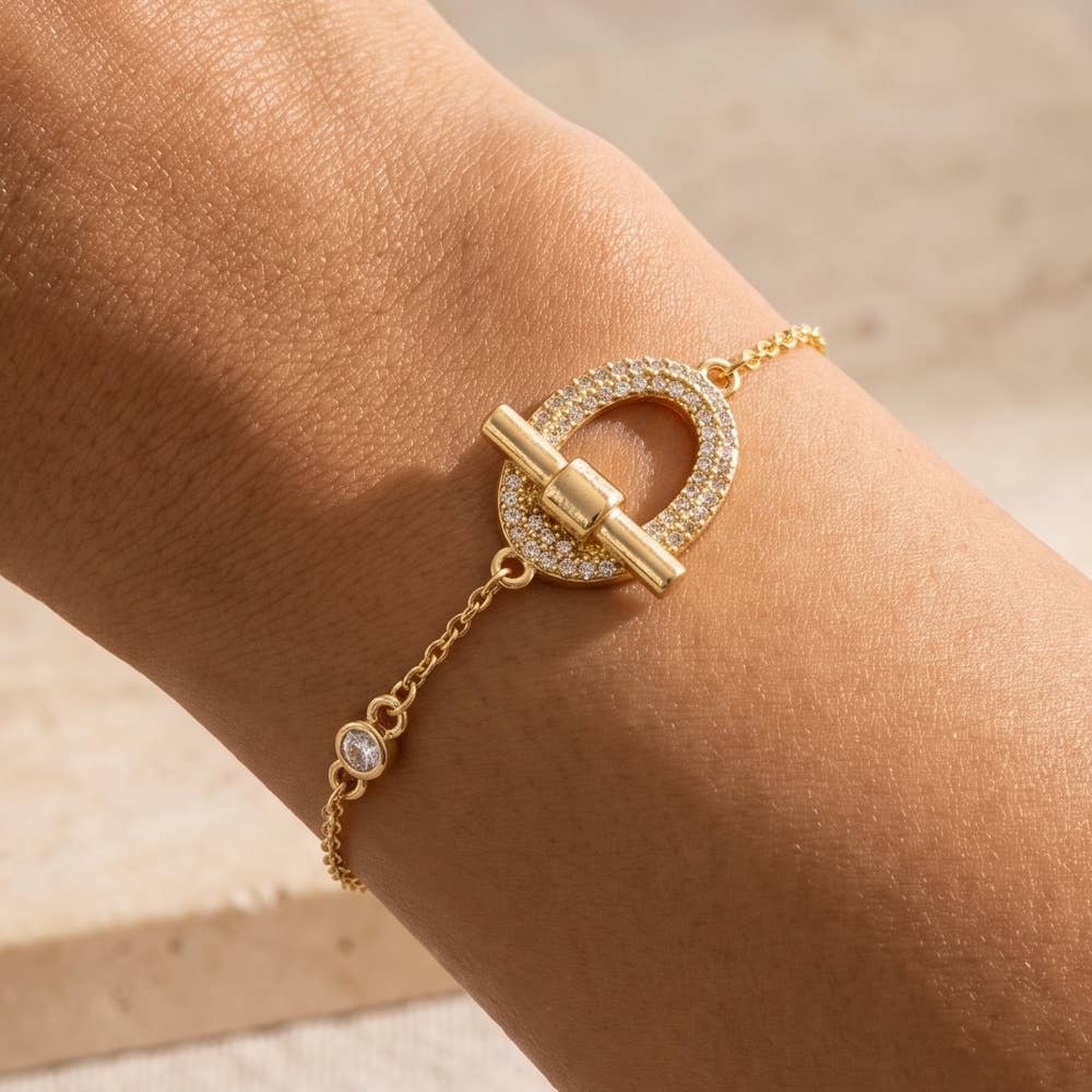 Pave Ring And Toggle Bar Dainty Chain Bracelet