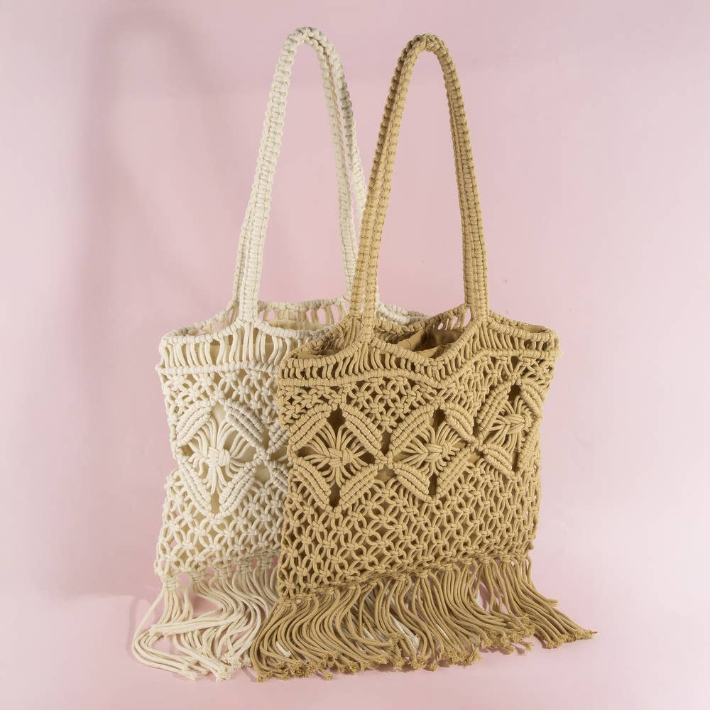 Macrame Fringe Handbag With Wood Bead Handle