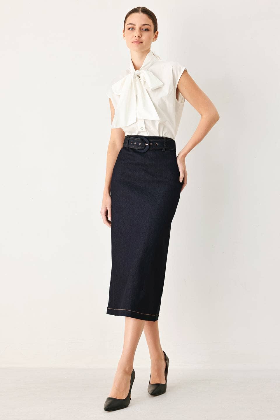A denim mini pencil skirt
