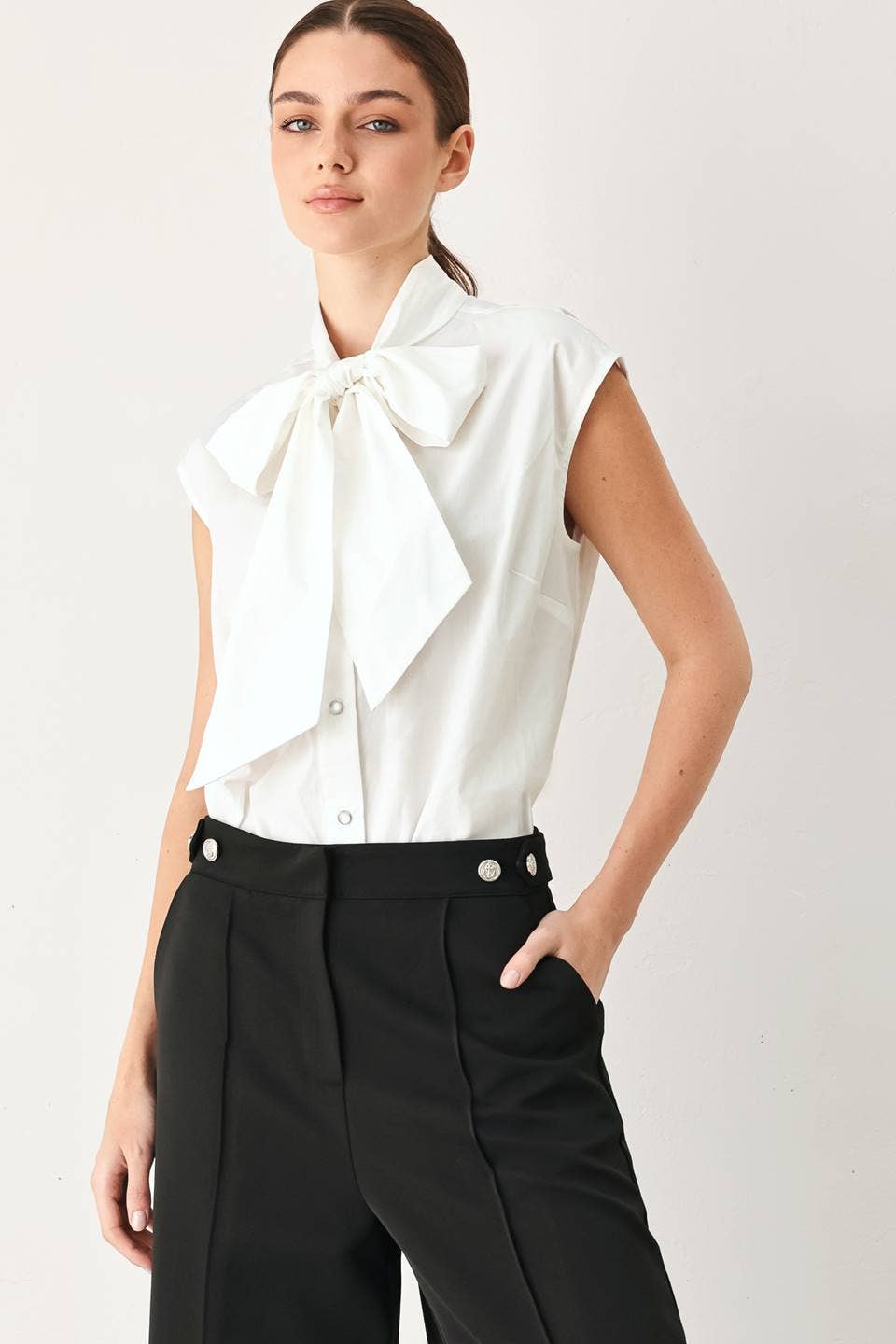 White Cotton Sleeveless Blouse with Bow
