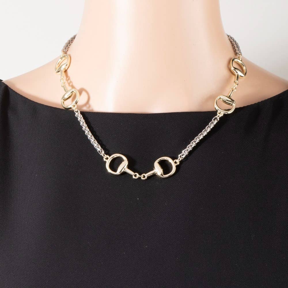 Two-Tone Equestrian Horse Bit Station Wheat Chain Necklace