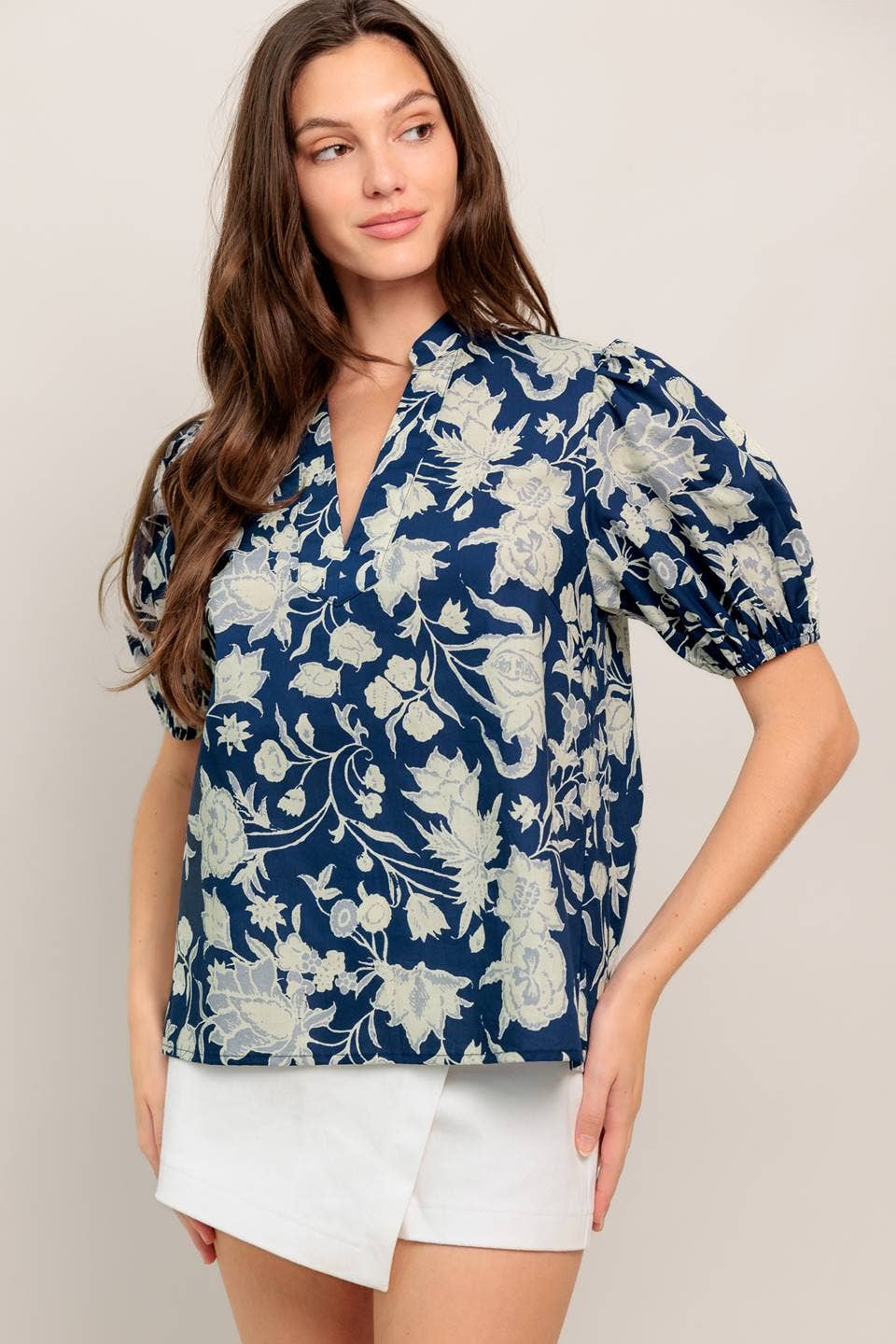 A printed blue & white woven top