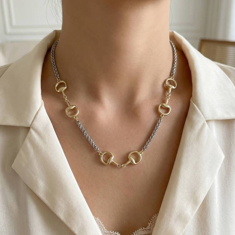Two-Tone Equestrian Horse Bit Station Wheat Chain Necklace
